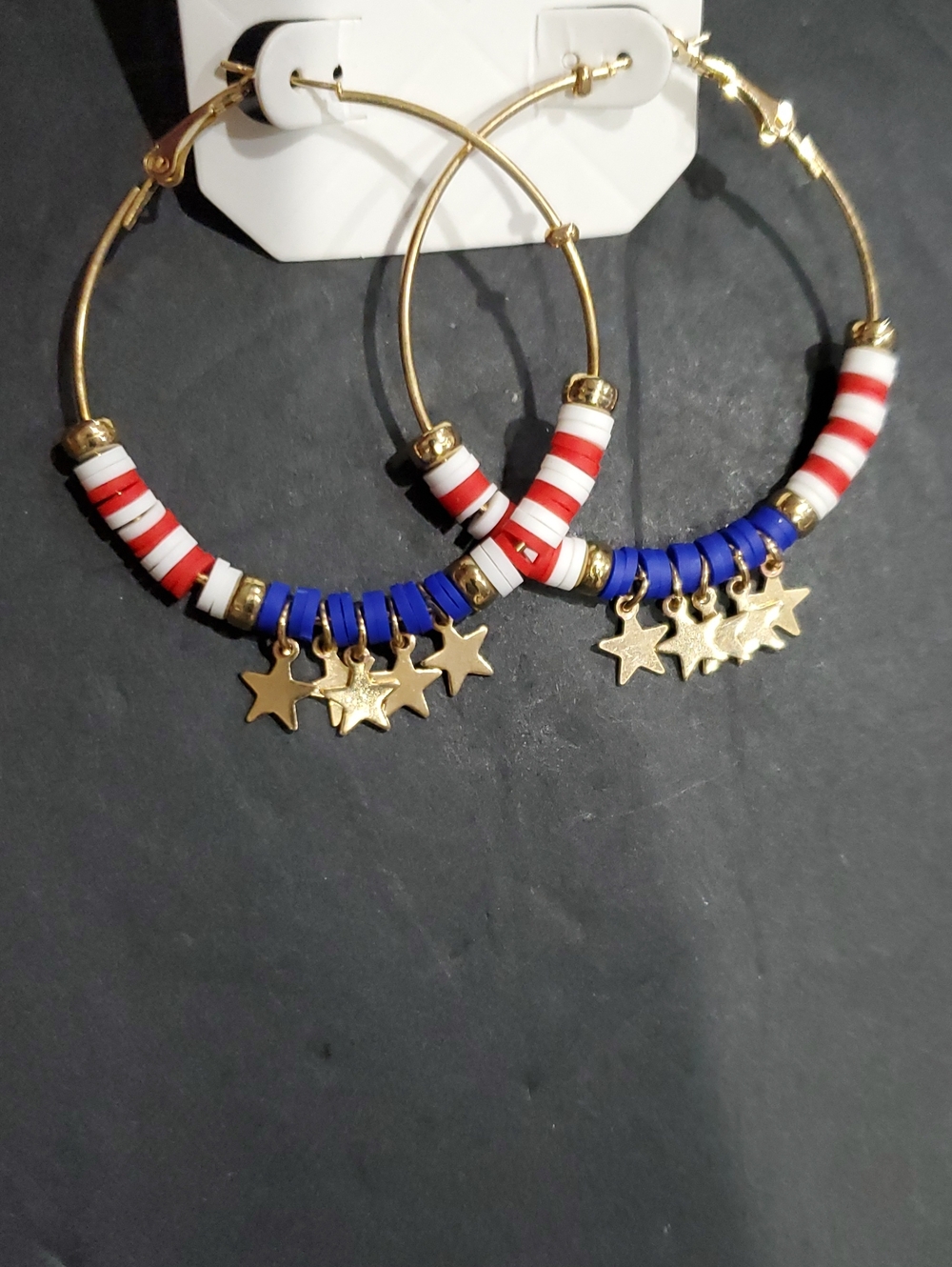 Red white blue Stripes gold stars American patriotic gold tone hoop earrings new